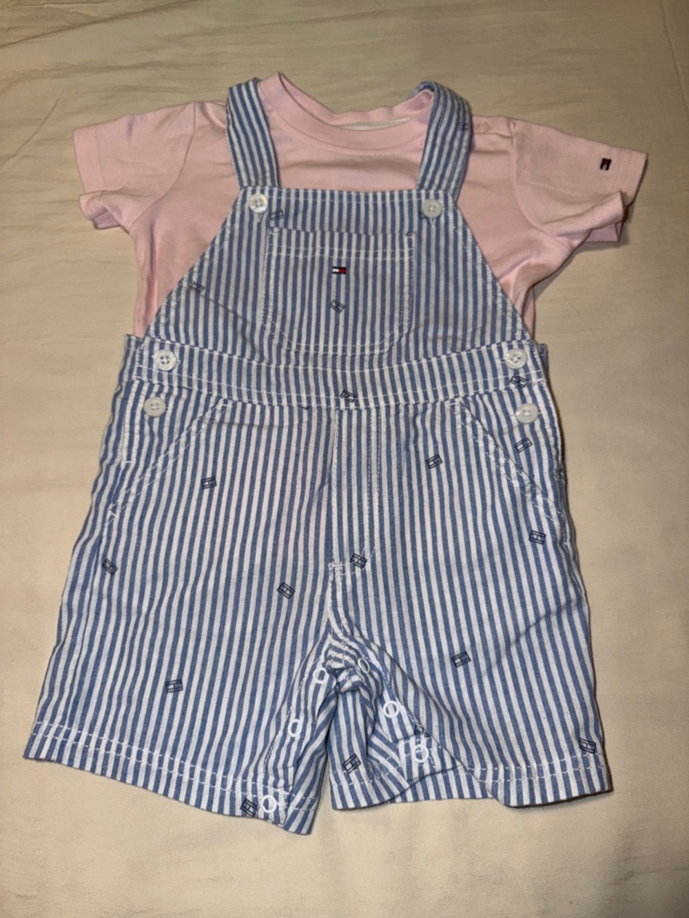 Tommy Hilfiger Pink Tee with Blue-White Striped Overalls - Kids